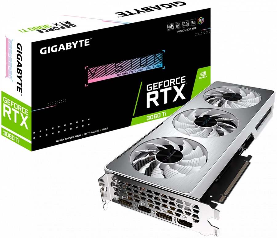 Видеокарта GIGABYTE GeForce RTX 3060 Ti VISION OC (LHR) (GV-N306TVISION OC-8GD rev2.0) (PCI-E 4.0 8 ГБ GDDR6. 256 бит. DisplayPort x2. HDMI x2. GPU