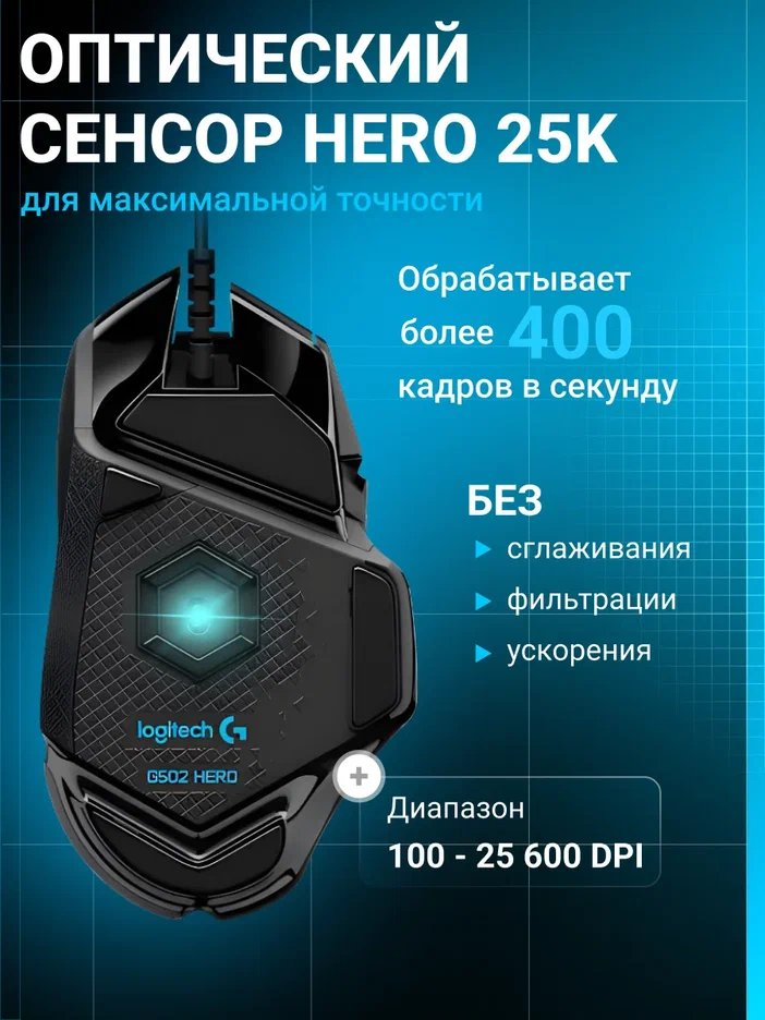 Компьютерная мышь Logitech HERO G502, чёрный [910-005474]