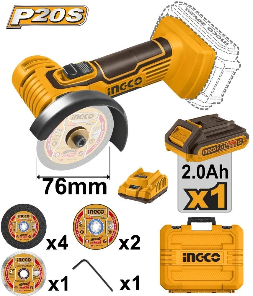 Мини-угловая шлифовальная машина INGCO CAGLI76012 Акк., 76 мм, P20S(20В)